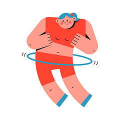 Cute woman doing fitness exercises with hula hoop vector cartoon character isolated on a white background.