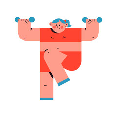 Cute woman doing fitness exercises with dumbbells vector cartoon character isolated on a white background.