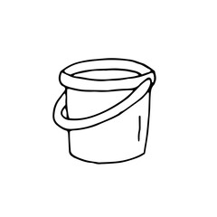 Bucket. Kids toys. Sandbox. Beach. Spatula. Vector. Doodle. Hand-drawn illustration. Silhouette. Black and white outline. Coloring.
