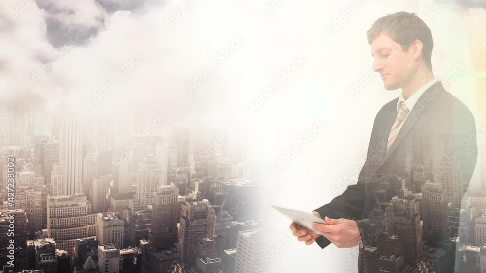 Poster Animation of businessman using tablet and smiling over cityscape