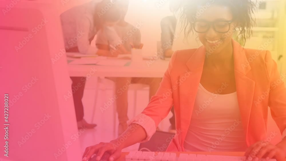 Poster animation of woman working in office using computer with yellow to pink tint