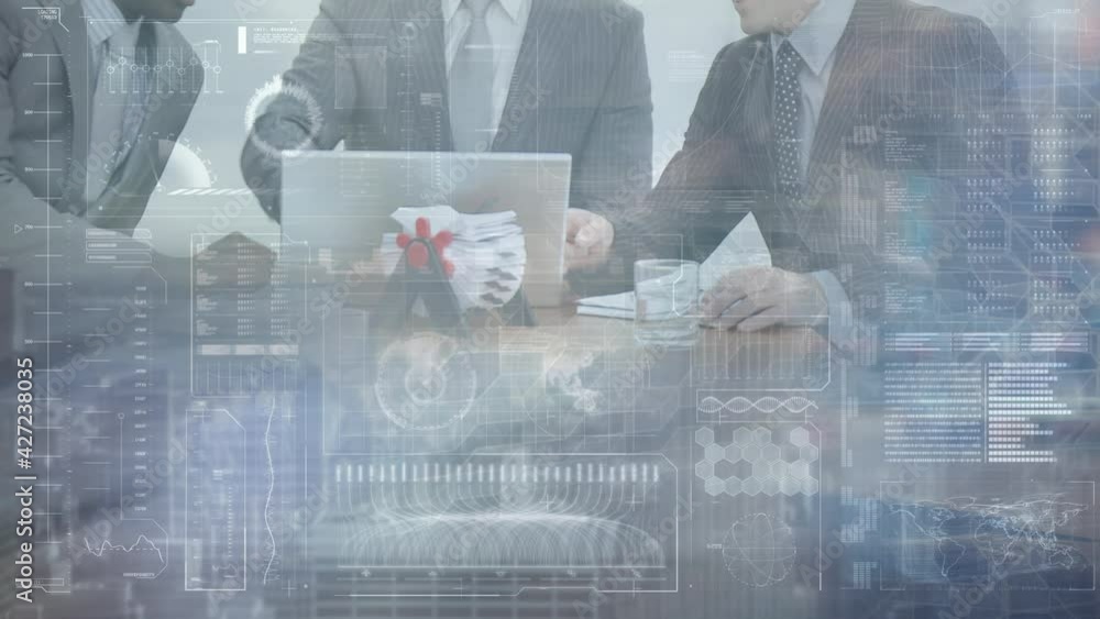 Poster animation of screen with digital data processing over businessmen using laptop and discussing