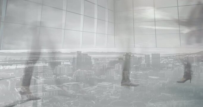 Animation of business people walking in fast pace in modern office over cityscape