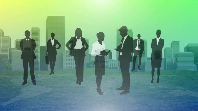 Animation of group of business people with yellow to green tint over cityscape