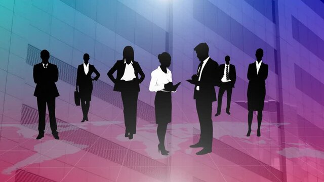 Animation of group of business people with blue to pink tint over office building