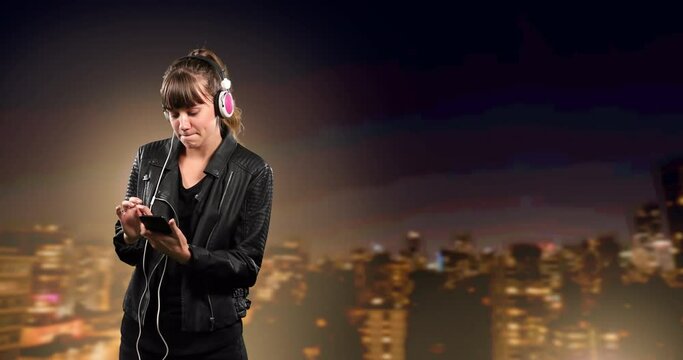 Animation of woman using smartphone with headphones on listening to music over cityscape