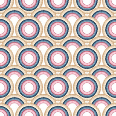 Seamless pattern with simple elements of a round shape. Suitable for textiles, wallpaper, wrapping paper, packaging. - 427238299