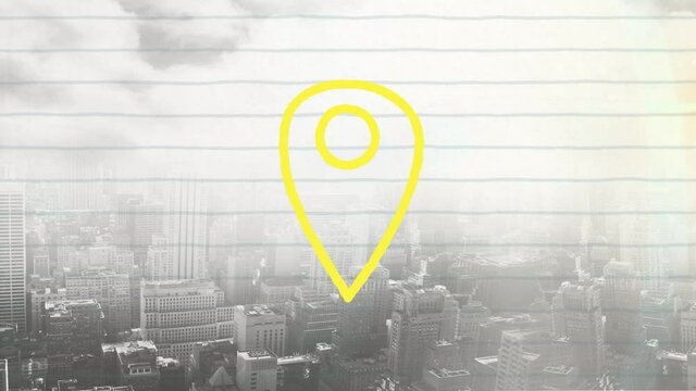Animation of yellow location pin drawn over ruled paper and cityscape