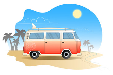 Summer vacation yellow and orange surf bus and sunset tropical beach in flat style