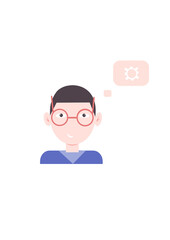 The young brunet guy smiles and is ready to solve the problem. The guy in the blue jumper. Technical support. Guy icon with settings icon. Vector illustration. Isolated.