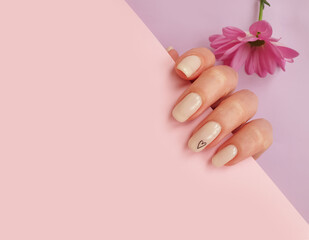 female hand beautiful manicure, flower on colored background