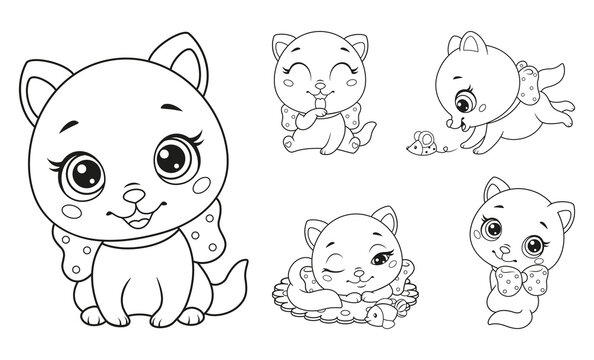 Little cats set coloring page for kids. Black and white outline vector illustration
