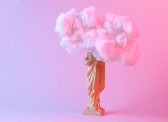 Concept art. Composition of antique statue in a floating fluffy cloud. Blue to pink neon gradient...