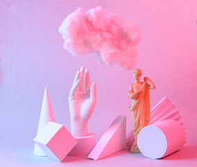 Modern abstract composition of geometric shapes, antique statue and floating fluffy cloud in blue pink neon gradient light. Creative idea. Concept art. Minimalism. Surrealism