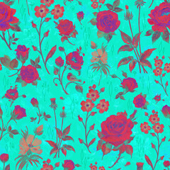 Fototapeta na wymiar Seamless watercolor rose pattern, grass and wildflowers