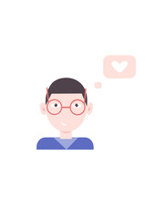 
Young brunette guy is smiling and in love. The guy liked you. The guy in the blue jumper. Tech support likes your question. Guy icon with heart icon. Vector illustration. Isolated.