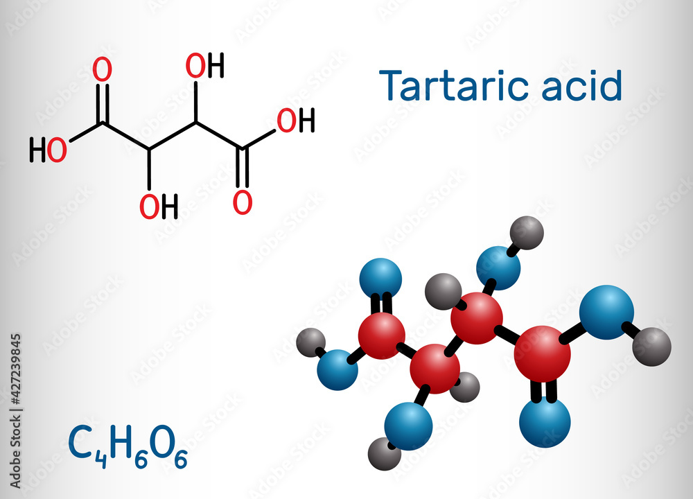 Poster Tartaric acid, dextrotartaric, levotartaric acid molecule. It is antioxidant E334, occurs in grapes, bananas, tamarinds, citrus. Structural chemical formula and molecule model.