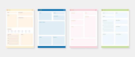 Modern planner template set. Set of planner and to do list. Monthly, weekly, daily planner template. Vector illustration.