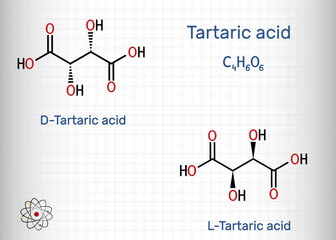 Tartaric acid, D -Tartaric, L-Tartaric, dextrotartaric, levotartaric acid molecule. It is antioxidant E334, occurs in grapes, bananas, tamarinds, citrus. Sheet of paper in a cage