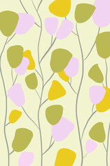 Fototapeta premium Modern simple hand drawn botanical illustration. Bright multicolored flowers, leaves and branches on a beige background. Design logo print. Template for your business. Floral decorative pattern.