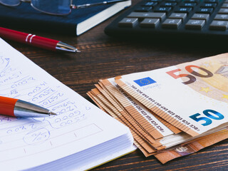 Home finance calculations and euro banknotes on the table.