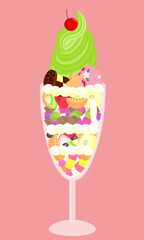 フルーツパフェにソフトクリームのせ