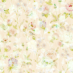Seamless watercolor rose pattern, grass and wildflowers