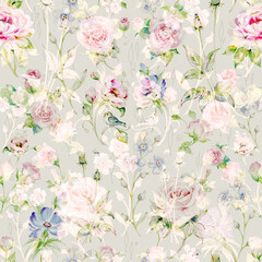 Seamless watercolor rose pattern, grass and wildflowers