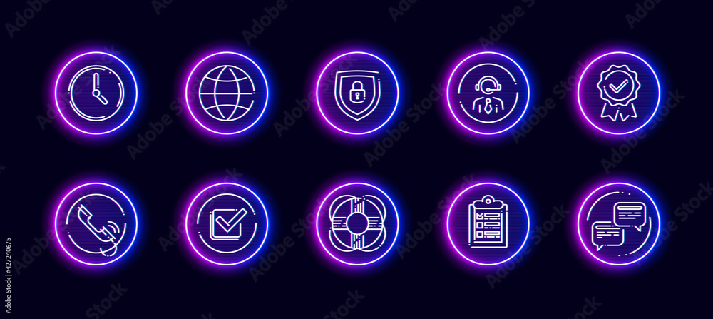 Poster 10 in 1 vector icons set related to discussion theme. lineart vector icons in neon glow style