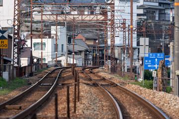 Fototapeta na wymiar Curved railroad tracks in Onomichi City