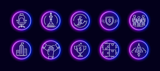 10 in 1 vector icons set related to headquarters office theme. Lineart vector icons in neon glow style