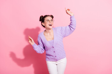 Photo portrait of model in glasses dancing at party laughing looking copyspace isolated on pastel pink color background