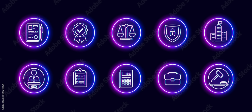 Poster 10 in 1 vector icons set related to judgement theme. lineart vector icons in neon glow style