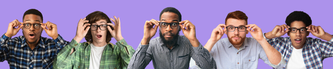 Diverse surprised men expressing great amazement and shock