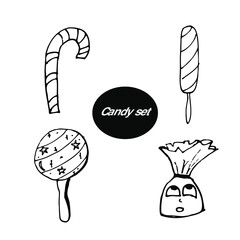 Ice cream set, collection candy with face, smile, eyes and smudges isolated on the white background for menu cafe, bar, children food, restaurant 