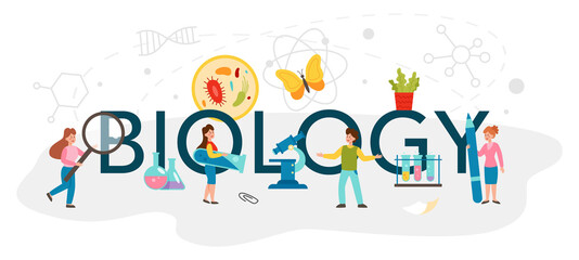 Biology school subject typographic header. Scientist exploring nature