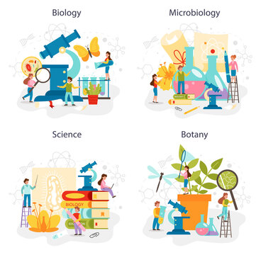 Biology school subject concept set. Scientist exploring nature