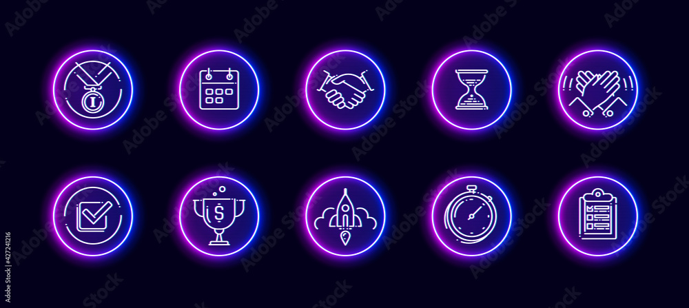 Poster 10 in 1 vector icons set related to turnaround theme. lineart vector icons in neon glow style