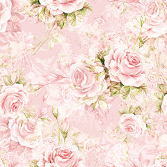  Watercolor seamless pattern roses in bud