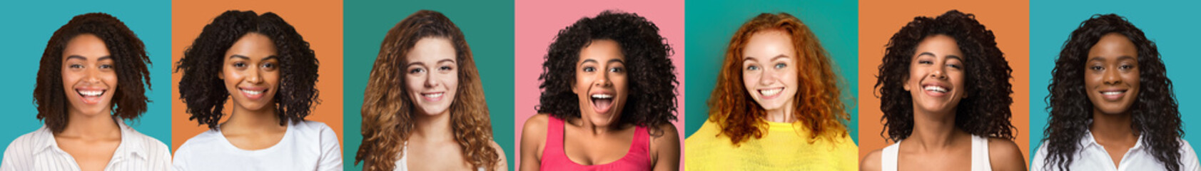 Collage of happy diverse multicultural curly women