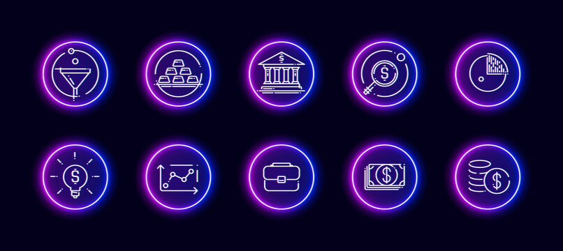 10 in 1 vector icons set related to finance and business theme. Lineart vector icons in neon glow style