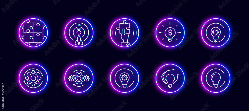 Poster 10 in 1 vector icons set related to creative development theme. lineart vector icons in neon glow st