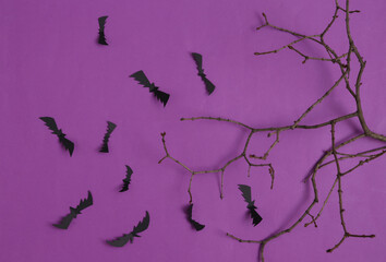 Creative Halloween layout. Tree branches and flying bats on purple background. Flat lay