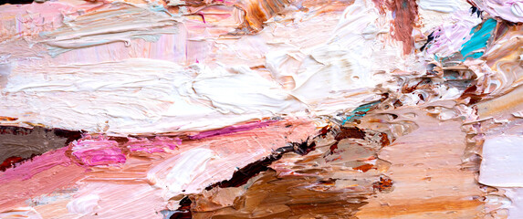 Embossed pasty oil paints and reliefs. Primary colors: brown, white, pink, orange. Abstract art. Mix of paints.