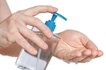 Man is applying antibacterial gel, sanitiser on his hands