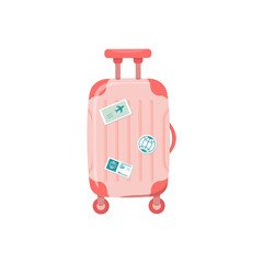 Travel bag with stickers. Baggage and luggage. Vector illustration in flat style, isolated on white. Tourism and traveling concept