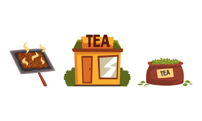 Tea Production Set, Tea Leaves Picking, Drying and Selling Vector Illustration