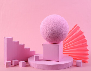 Scene with geometric shapes. Pink background. Pastel color trend. Minimalism. Creative composition, still life
