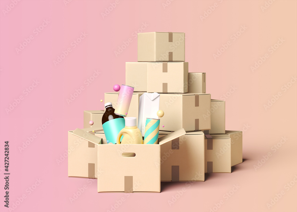 Poster minimal background for online shopping and digital marketing concept. grocery and delivery box on pi