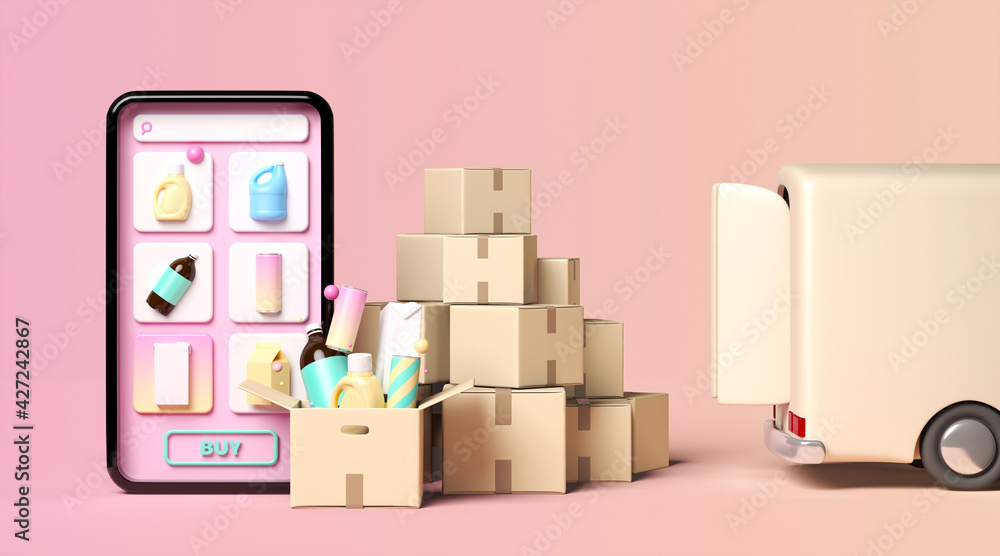 Poster minimal background for online shopping and digital marketing concept. mobile phone with delivery int